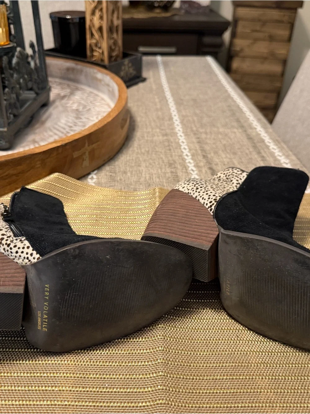 Very Volatile Black Suede Wedge Ankle Boots with Speckled Back